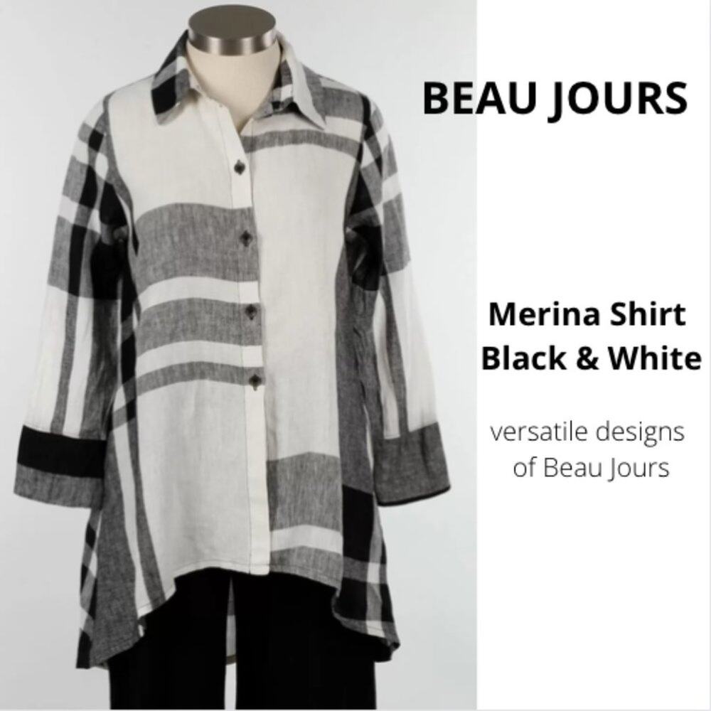 BEAU JOURS Merina Shirt Black & White 100% Linen size LARGE/X-LARGE - Picture 3 of 16